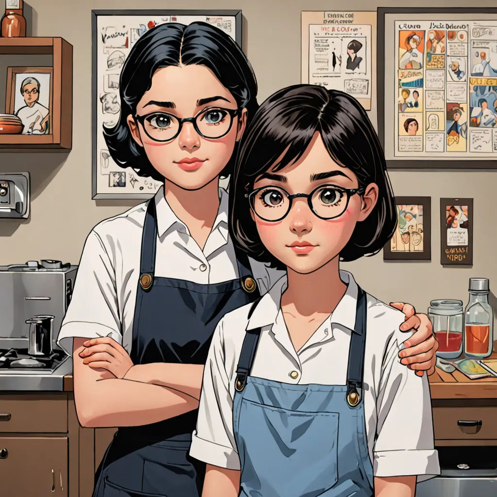 a woman and a girl are standing in a kitchen together, with a poster on the wall behind them, serial art, a comic book panel, Artgerm, comic cover art