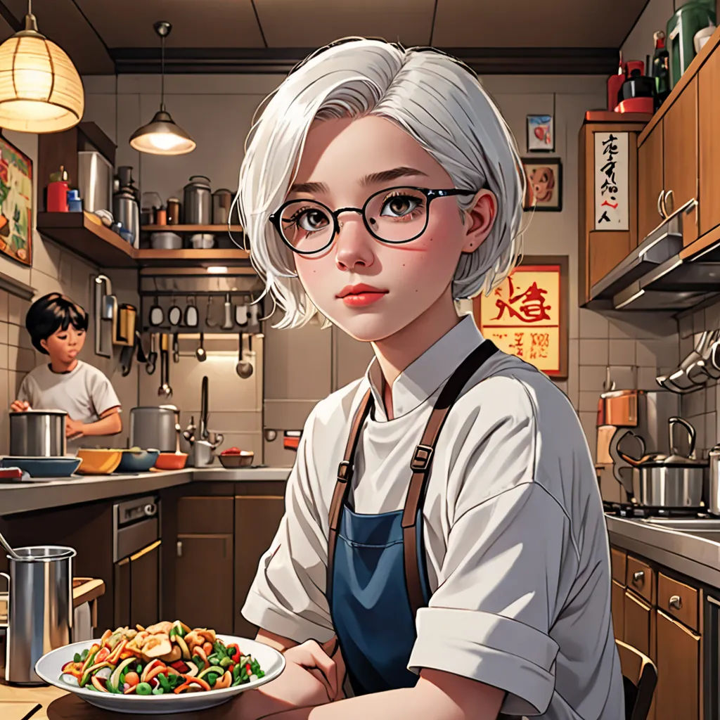 a woman in glasses holding a plate of food in a kitchen with a man in the background looking at the camera, photorealism, a detailed painting, Artgerm, stanley artgerm lau