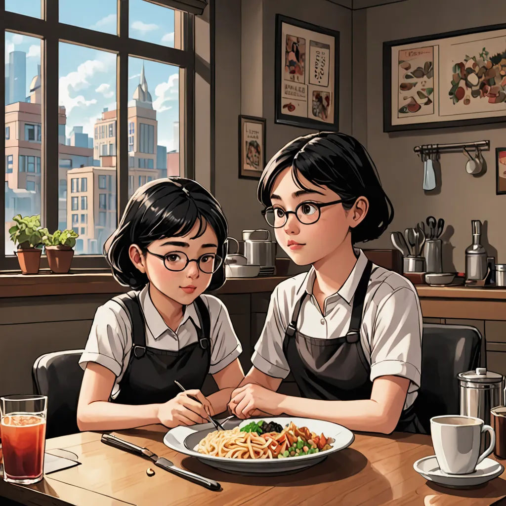 two girls sitting at a table with a plate of food in front of them, looking at the camera, american scene painting, a comic book panel, Artgerm, comic cover art