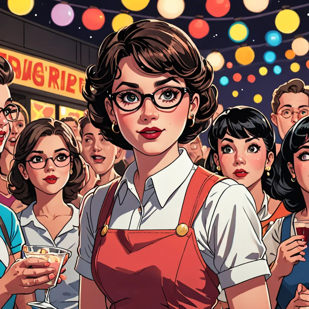 a woman in a red apron holding a drink in front of a crowd of people in a store front, american realism, a comic book panel, Artgerm, high detail illustration