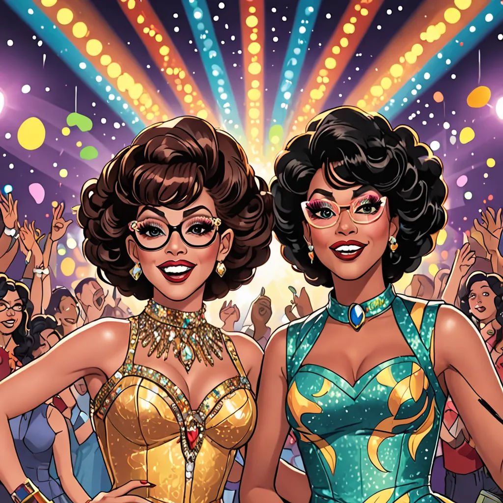 two women in costumes standing next to each other in front of a crowd of people at a party with bright lights, harlem renaissance, a comic book panel, Ada Gladys Killins, comic cover art
