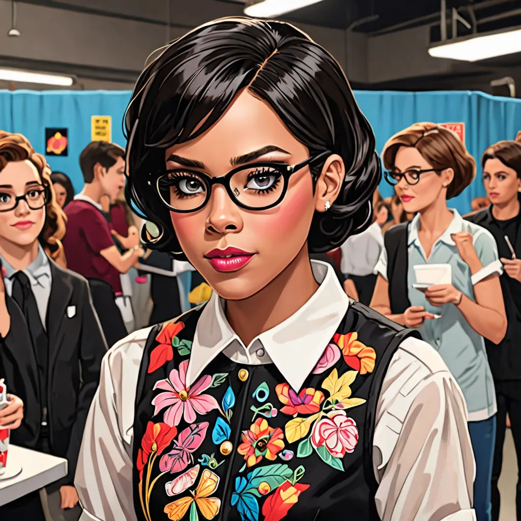 a woman with glasses and a flowered shirt is standing in front of a crowd of people in a room, american scene painting, a pop art painting, Artgerm, official art