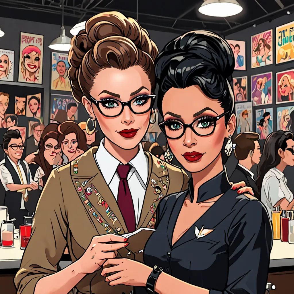 a couple of women standing next to each other in a bar with a crowd of people behind them and a bar with a bar sign, shock art, a comic book panel, Artgerm, game art