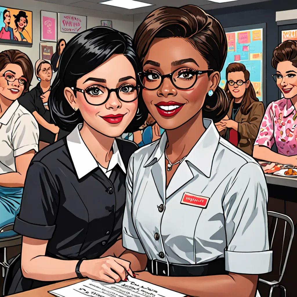 a woman in a classroom with a woman in a uniform and a woman in a uniform are smiling at the camera, american scene painting, a comic book panel, Ada Gladys Killins, promotional image