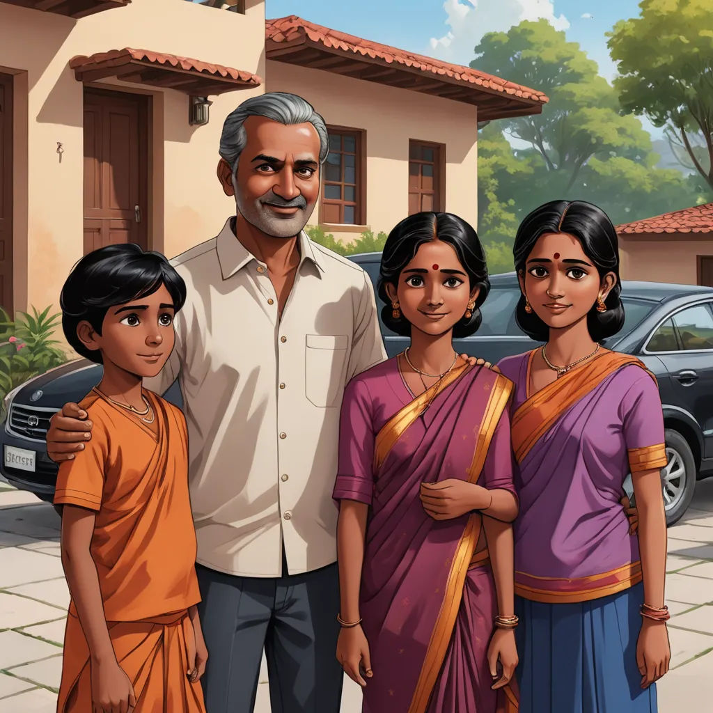 a man standing next to two women and a man in front of a house with a car parked in front of it, samikshavad, a storybook illustration, Bhupen Khakhar, official art