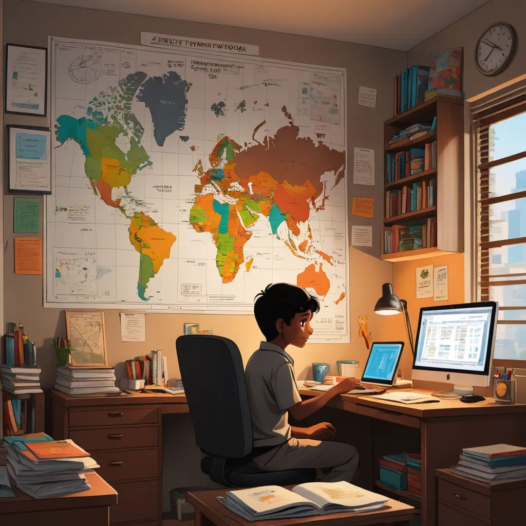 a boy sitting at a desk with a computer and a large map on the wall behind him and a lamp on the desk, computer art, computer graphics, Asaf Hanuka, art station
