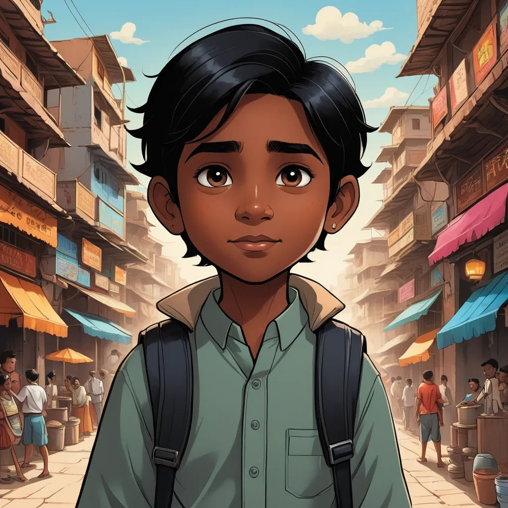 a cartoon boy with a backpack standing in a street with a city in the background and people walking around, samikshavad, a comic book panel, Cliff Childs, graphic novel