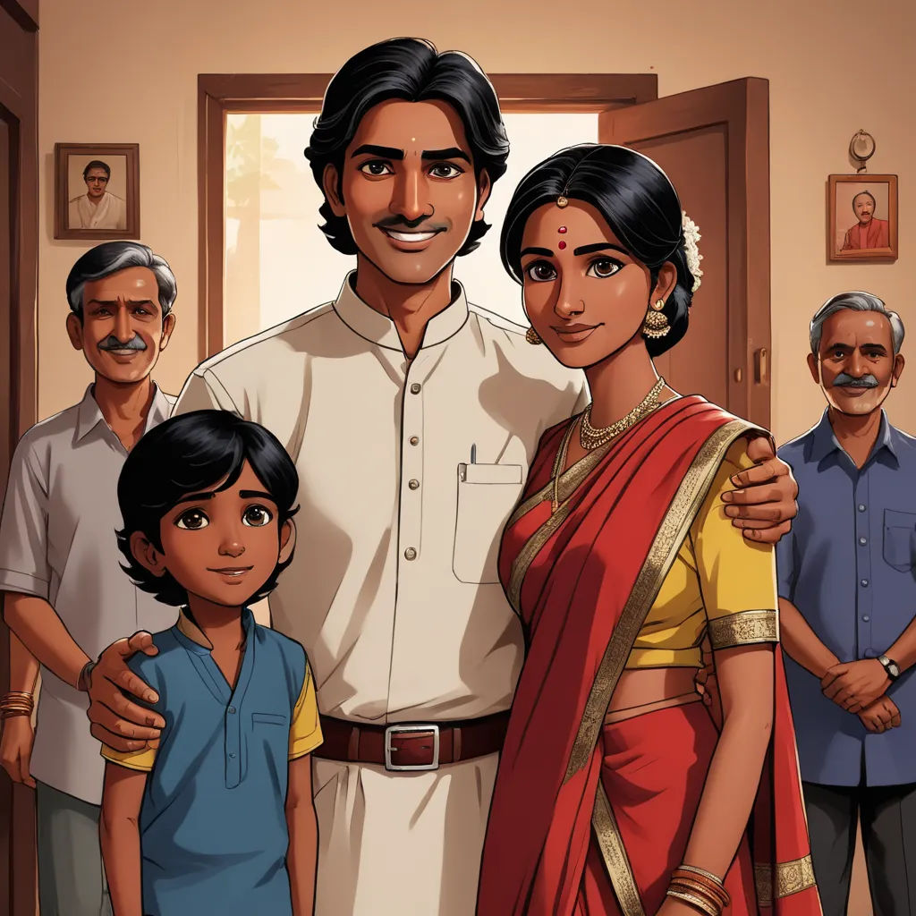 a man and woman standing next to a child in a room with other people in the background and a man in a white shirt and a red sari, samikshavad, a storybook illustration, Bapu, official art
