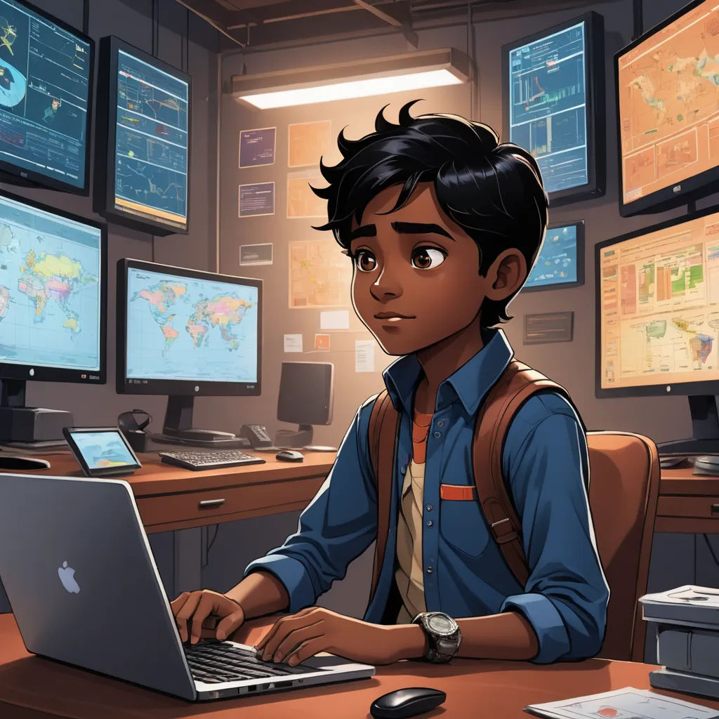 a man sitting at a desk with a laptop computer in front of him and multiple monitors on the wall, sots art, computer graphics, Everett Warner, official art