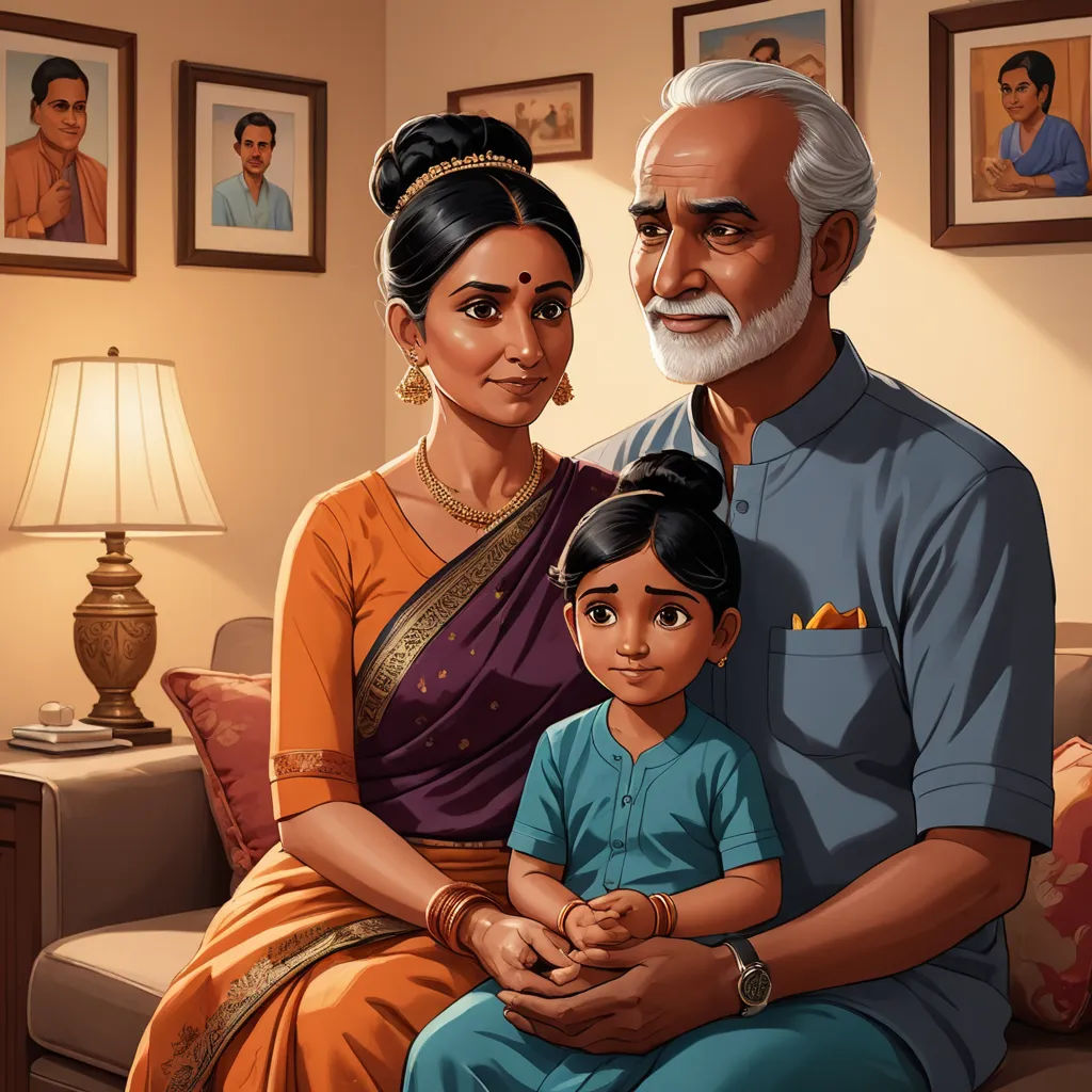 a man and woman sitting next to a child on a couch in a living room with pictures on the wall, samikshavad, a storybook illustration, Ella Guru, official art