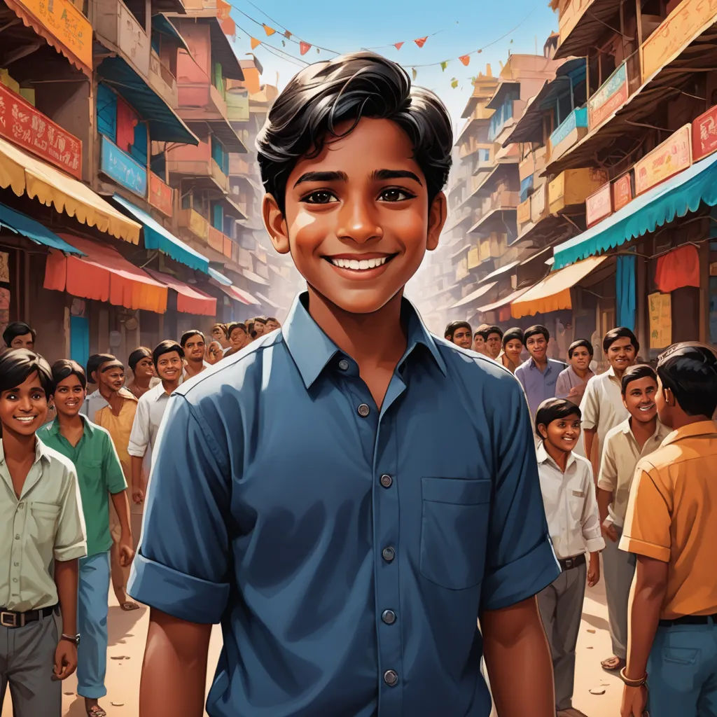 a man standing in front of a crowd of people in a city street with a blue shirt on and a blue shirt on, samikshavad, a storybook illustration, Bhupen Khakhar, jayison devadas