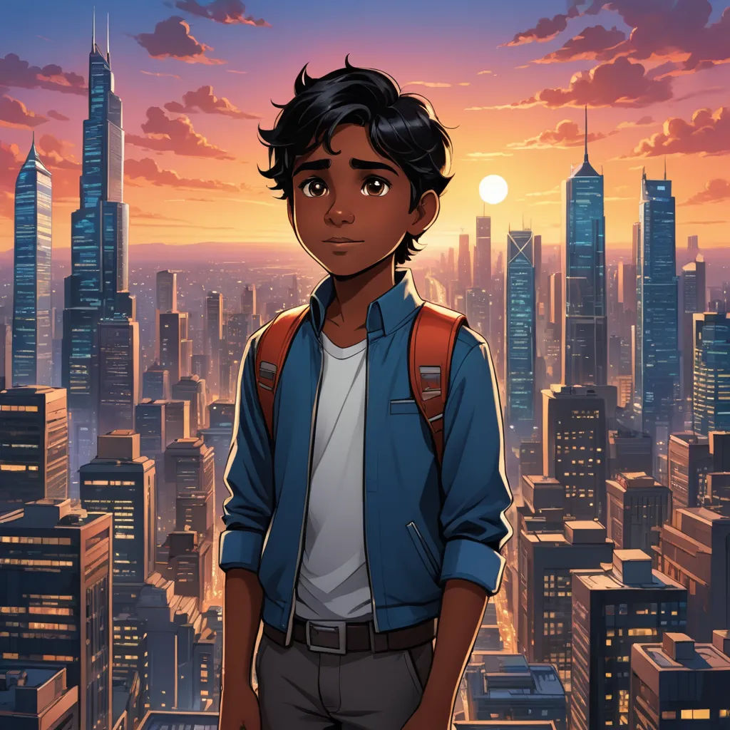 a man standing in front of a city skyline at sunset with a backpack on his back and a backpack on his shoulder, afrofuturism, a character portrait, Cedric Seaut (Keos Masons), city background