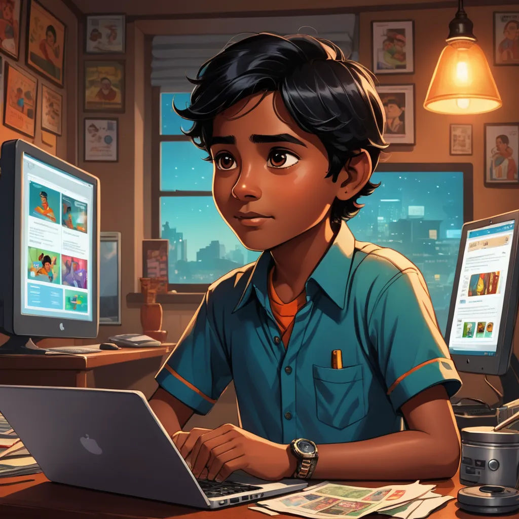 a boy sitting at a desk with a laptop computer in front of him and a monitor on the desk, sots art, computer graphics, Bikash Bhattacharjee, trending on art station