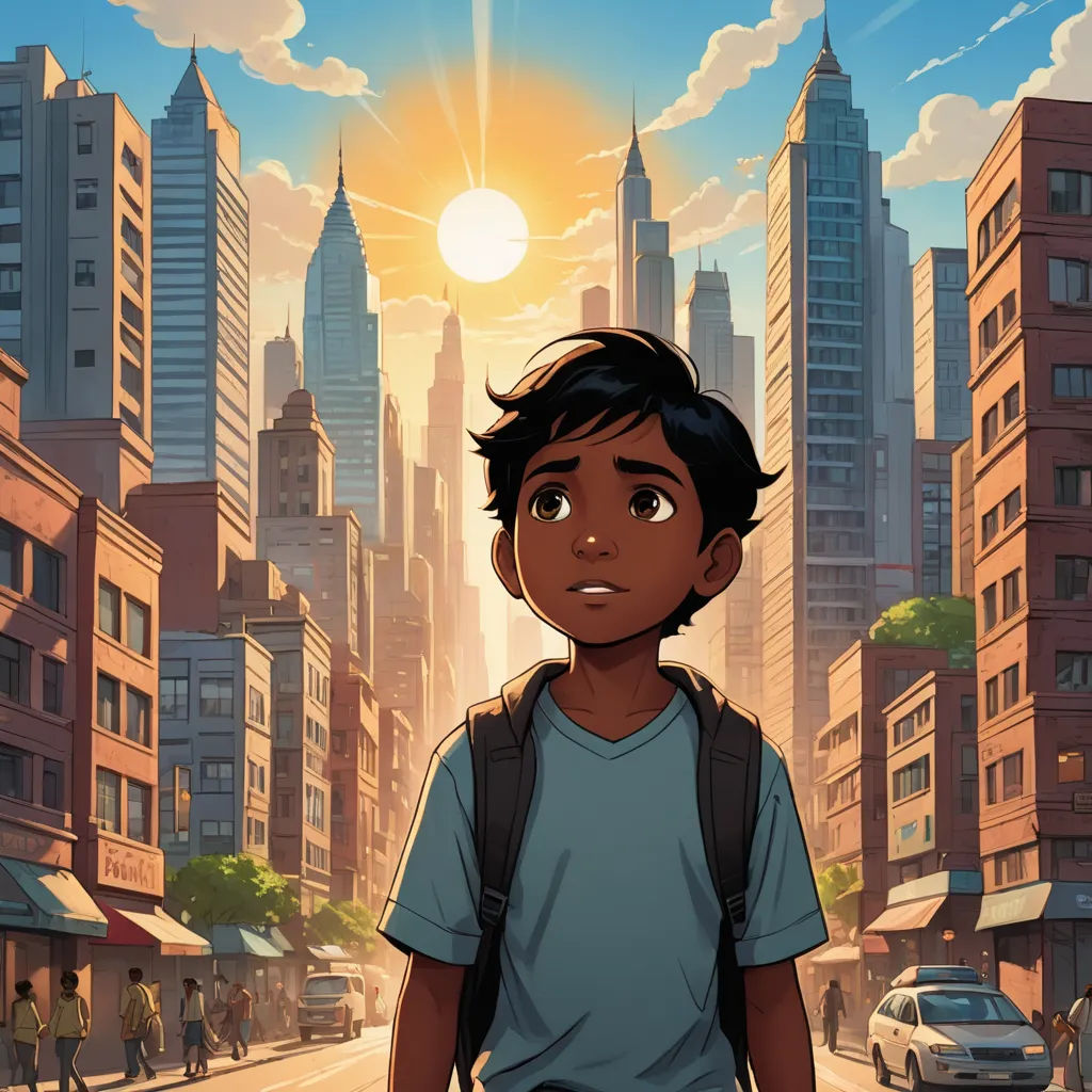 a boy standing in the middle of a city street with a backpack on his back and a sun in the background, harlem renaissance, poster art, Chris LaBrooy, graphic novel