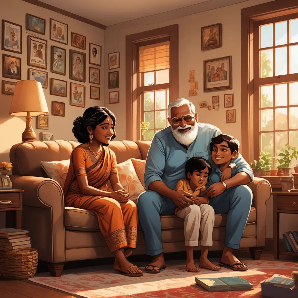 a painting of a family sitting on a couch in a living room with a large window and a rug, american scene painting, a storybook illustration, Ella Guru, storybook illustration