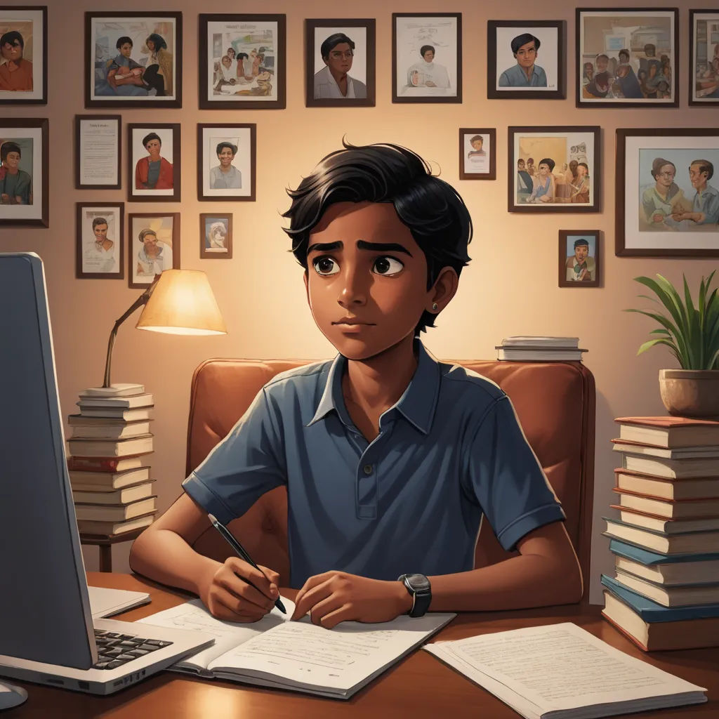 a man sitting at a desk with a laptop and a book in front of him and a pile of books on the desk, serial art, a storybook illustration, Chris LaBrooy, jayison devadas