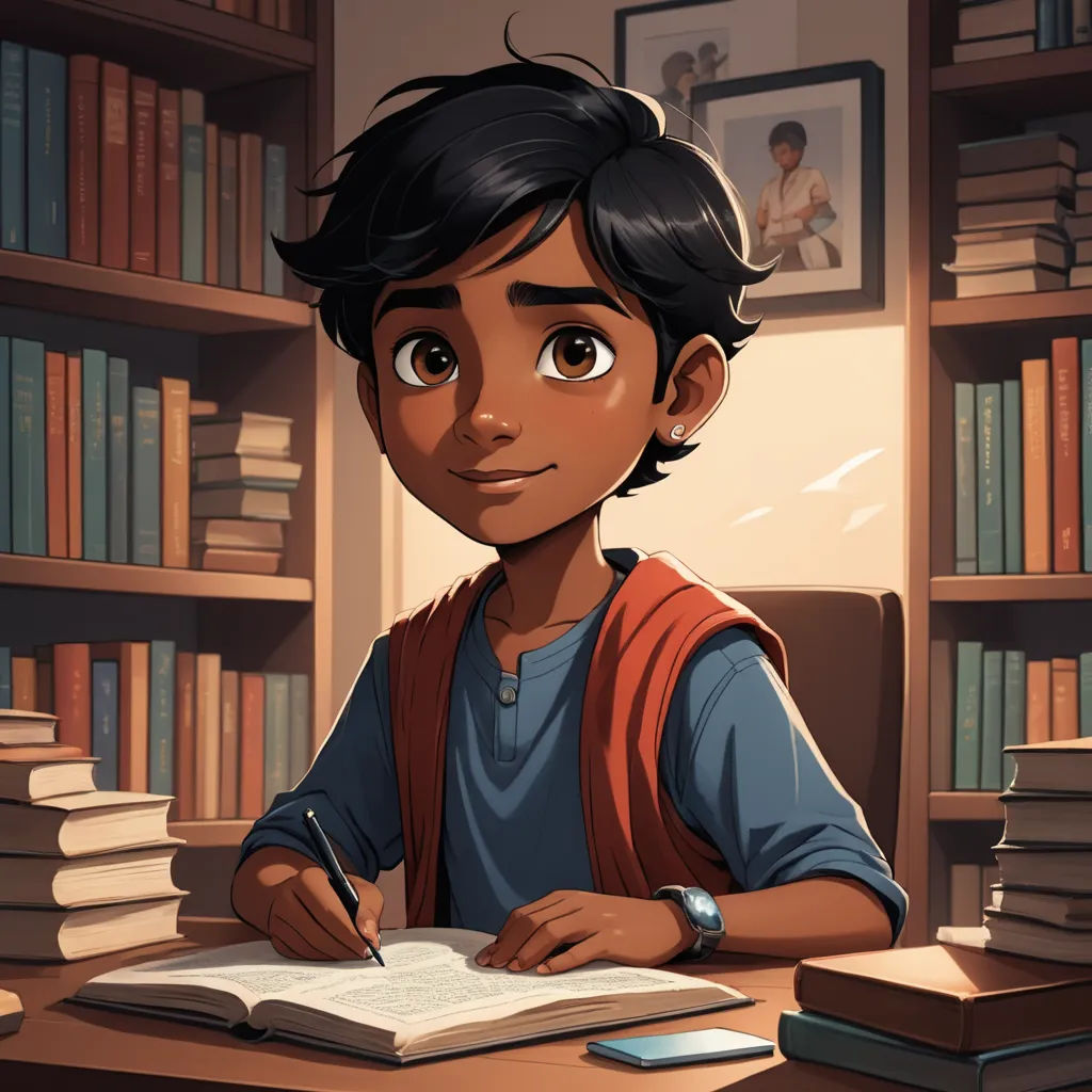 a boy is sitting at a desk with a book and pen in his hand and a bookcase in the background, sots art, a character portrait, Chris LaBrooy, jayison devadas