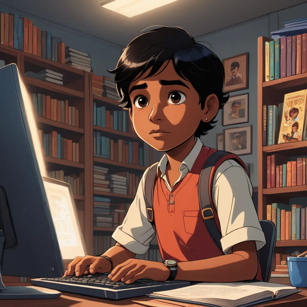 a boy sitting at a computer in a library with a bookcase behind him and a computer on the desk, computer art, computer graphics, Chris LaBrooy, jayison devadas