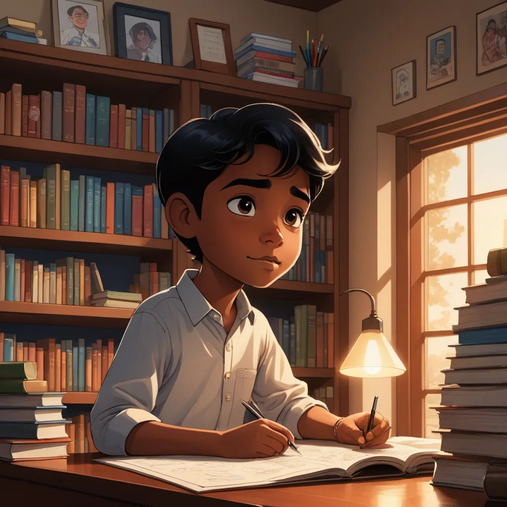 a boy sitting at a desk with a book and a lamp in front of him and a bookcase full of books, photorealism, a storybook illustration, Chris LaBrooy, storybook illustration