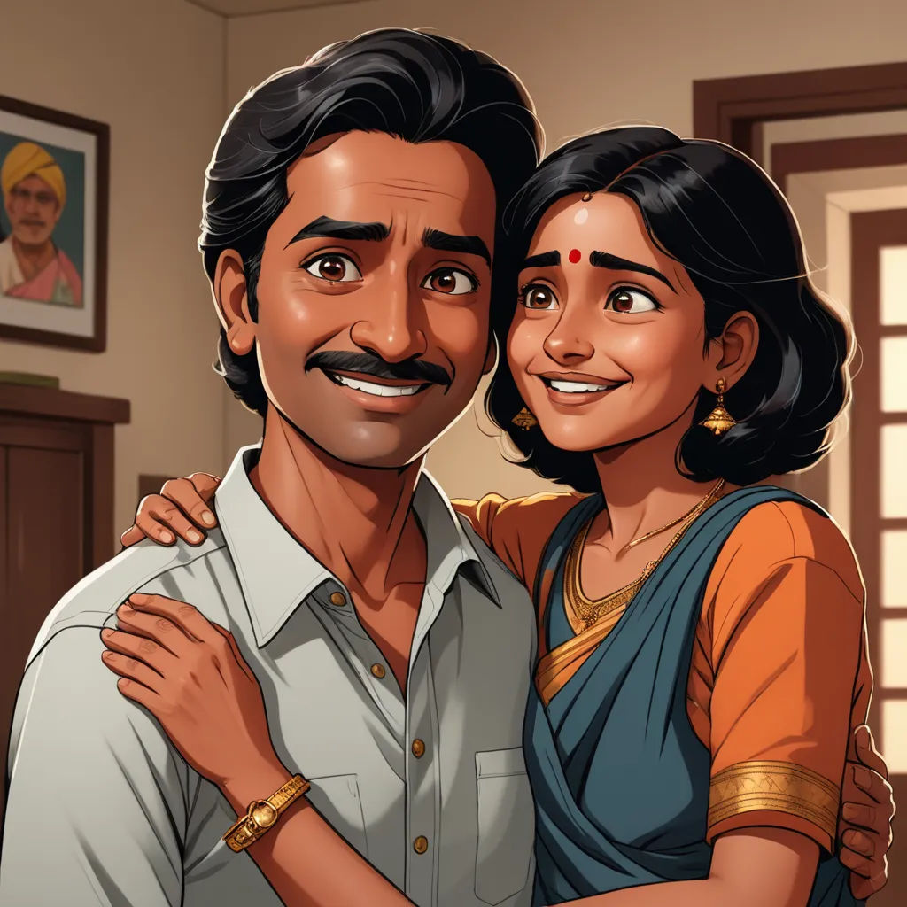 a man and woman are standing together in a room with a picture on the wall behind them and a picture of a man and woman on the wall, samikshavad, a detailed painting, Ella Guru, official art