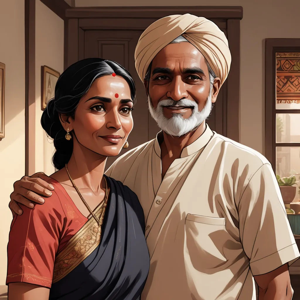 a man and woman standing next to each other in a room with a painting on the wall behind them, samikshavad, a storybook illustration, Ella Guru, highly detailed digital painting