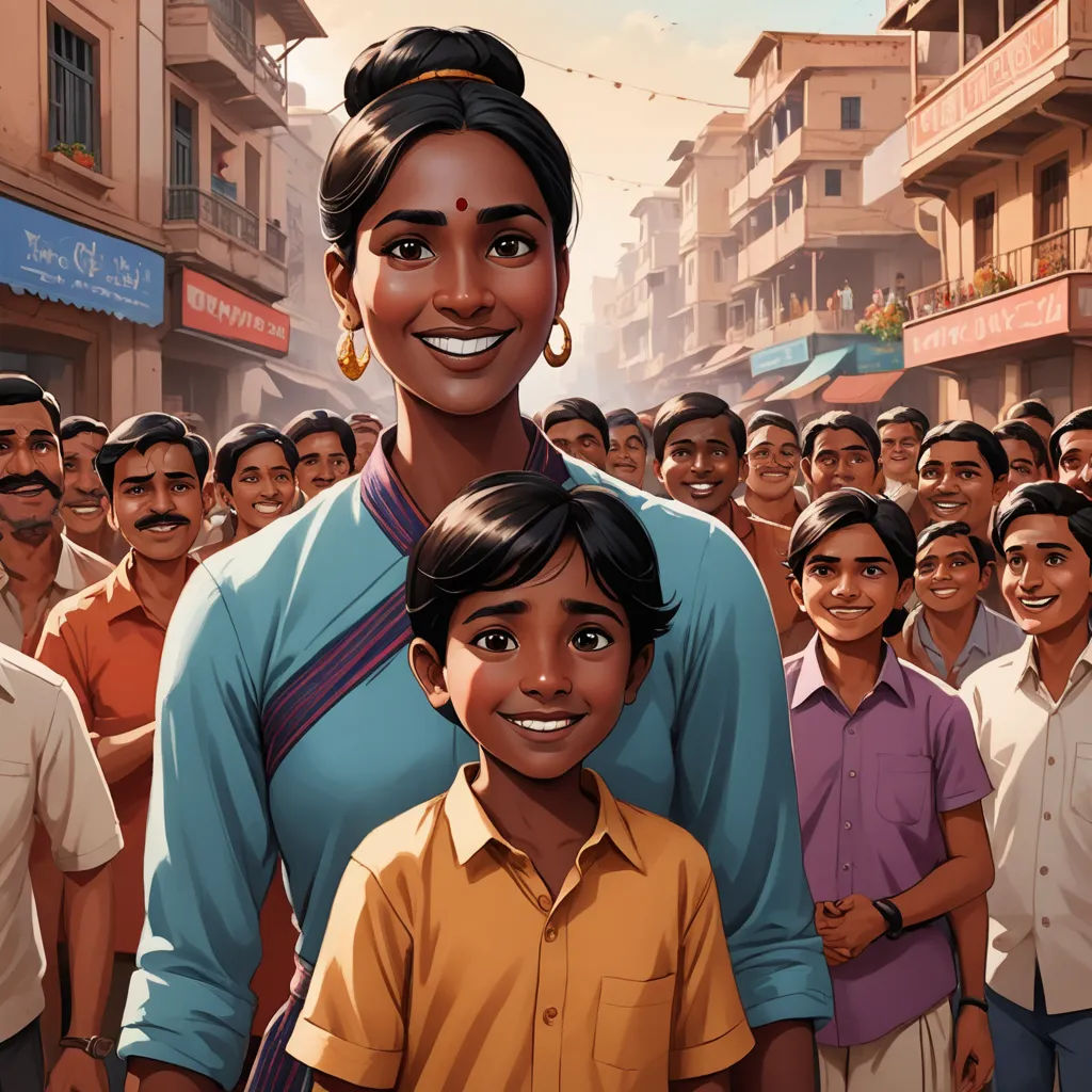 a woman and a boy standing in front of a crowd of people in a city street with buildings and a sky background, samikshavad, a storybook illustration, Ella Guru, official art