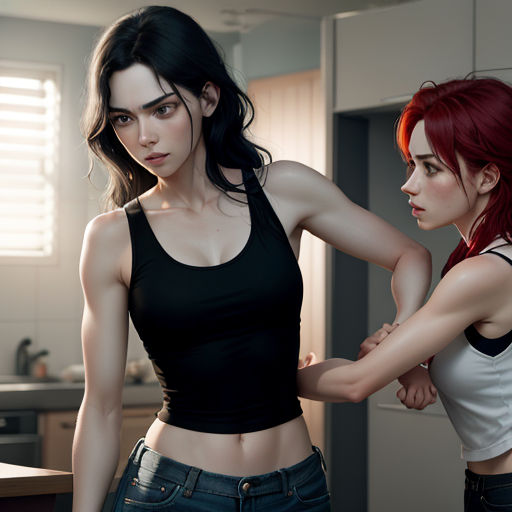 two women standing next to each other in a kitchen together, one of them is touching the other's shoulder