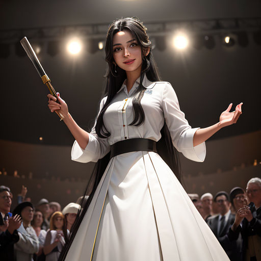 a woman dressed in a white dress holding a sword in front of a crowd of people in a theater