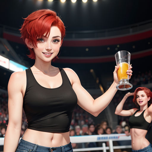 a woman holding a glass of orange juice in a stadium with a woman in the background holding a glass of orange juice
