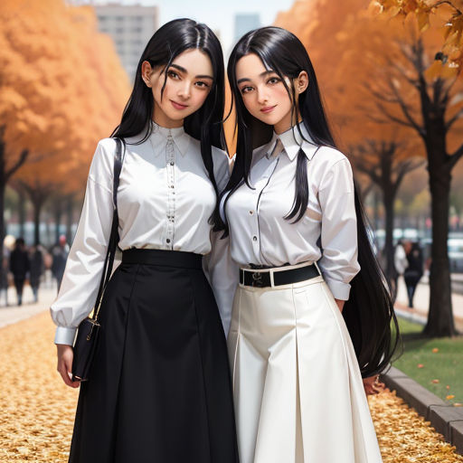 two women standing next to each other in a park with trees and leaves in the background and a building in the background