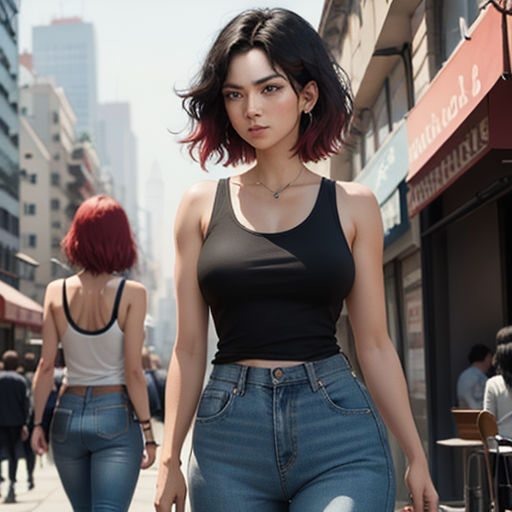 a woman walking down a street next to a woman with a purse on her shoulder and a man in a black shirt
