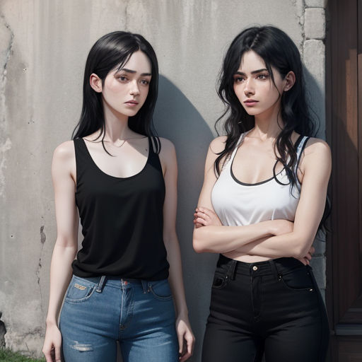 two women standing next to each other near a wall with their arms crossed and their arms crossed, with one woman wearing a black and white top
