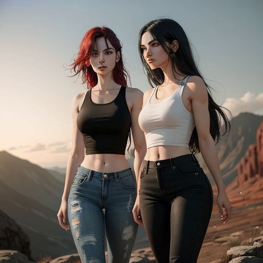 two women standing on a rocky mountain side with mountains in the background and a sunset in the background, both wearing black and white tops