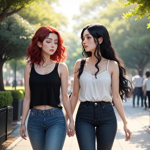 two women walking down a sidewalk holding hands and looking at each other's eyes with a city street in the background