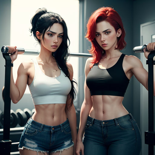 two women are posing for a picture in a gym room with a barbell in their hands and one is holding a barbell