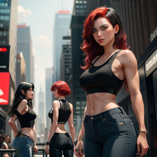 a group of women standing next to each other in a city street with tall buildings in the background and a red haired woman in the middle
