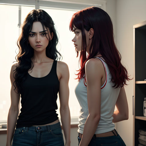 two women standing next to each other in a room with a window and shelves of books on the wall