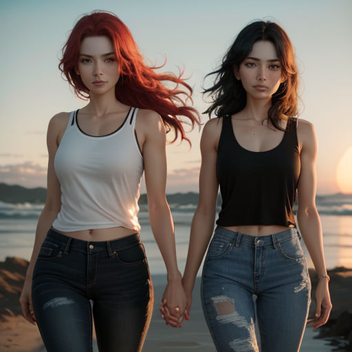 two women walking on a beach holding hands and looking at the camera with a sunset in the background behind them