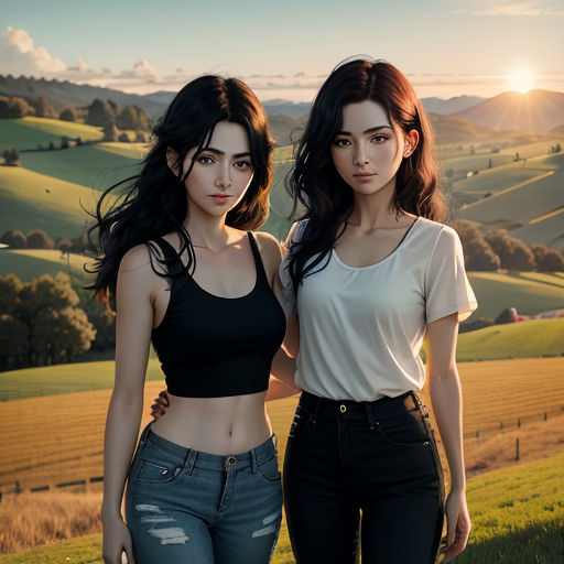 two women standing next to each other in a field of grass and trees with a sunset in the background