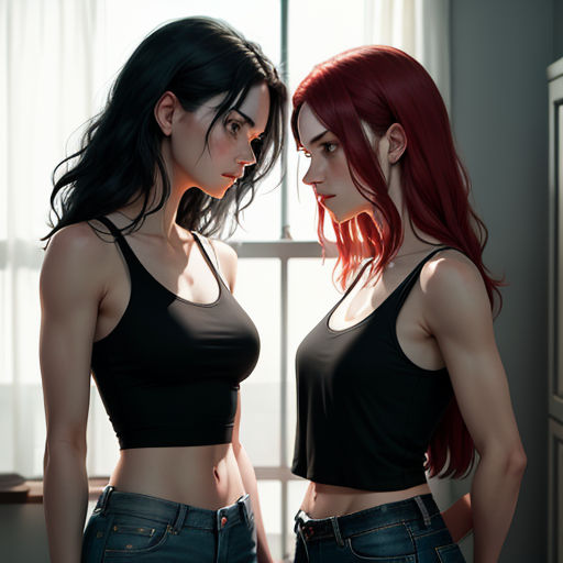 two women standing next to each other in a room with a window and a curtain behind them, both wearing black tops