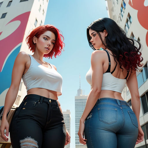 two women in high waist jeans standing in front of a building with a city skyline in the background and a blue sky