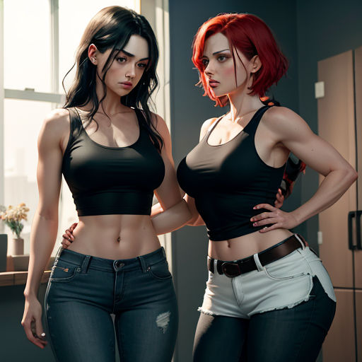 two women in black tops and jeans standing next to each other in a room with a window and a sink