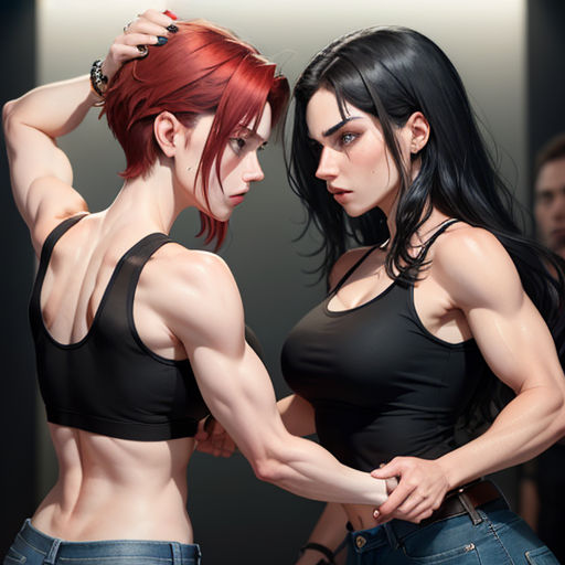 two women in black tops and jeans are posing for a picture together, with one of them touching her hair