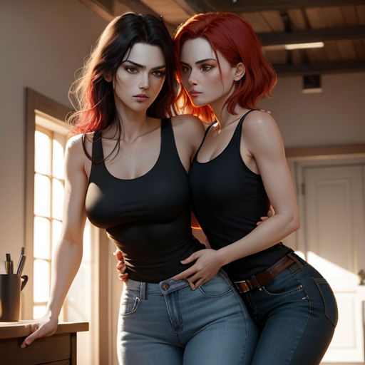two women in black tops standing next to each other in a room with a table and a window in the background