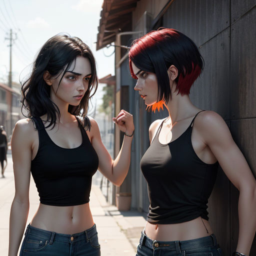 two women standing next to each other on a sidewalk near a building and a street sign with a red hair