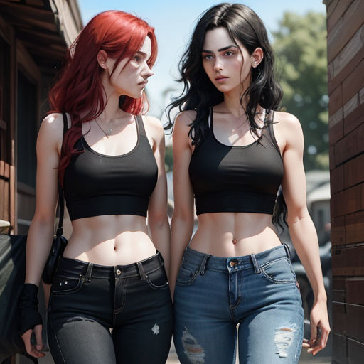 two women in black tops and jeans walking down a street together, both with red hair and piercings