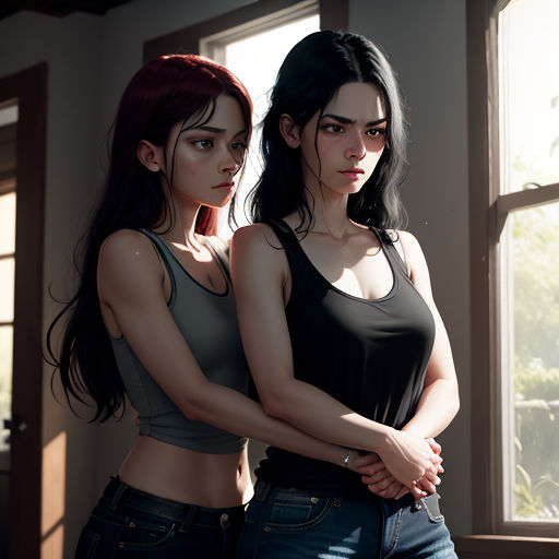 two women standing next to each other in a room with windows and a door in the background, both of them are wearing black tops