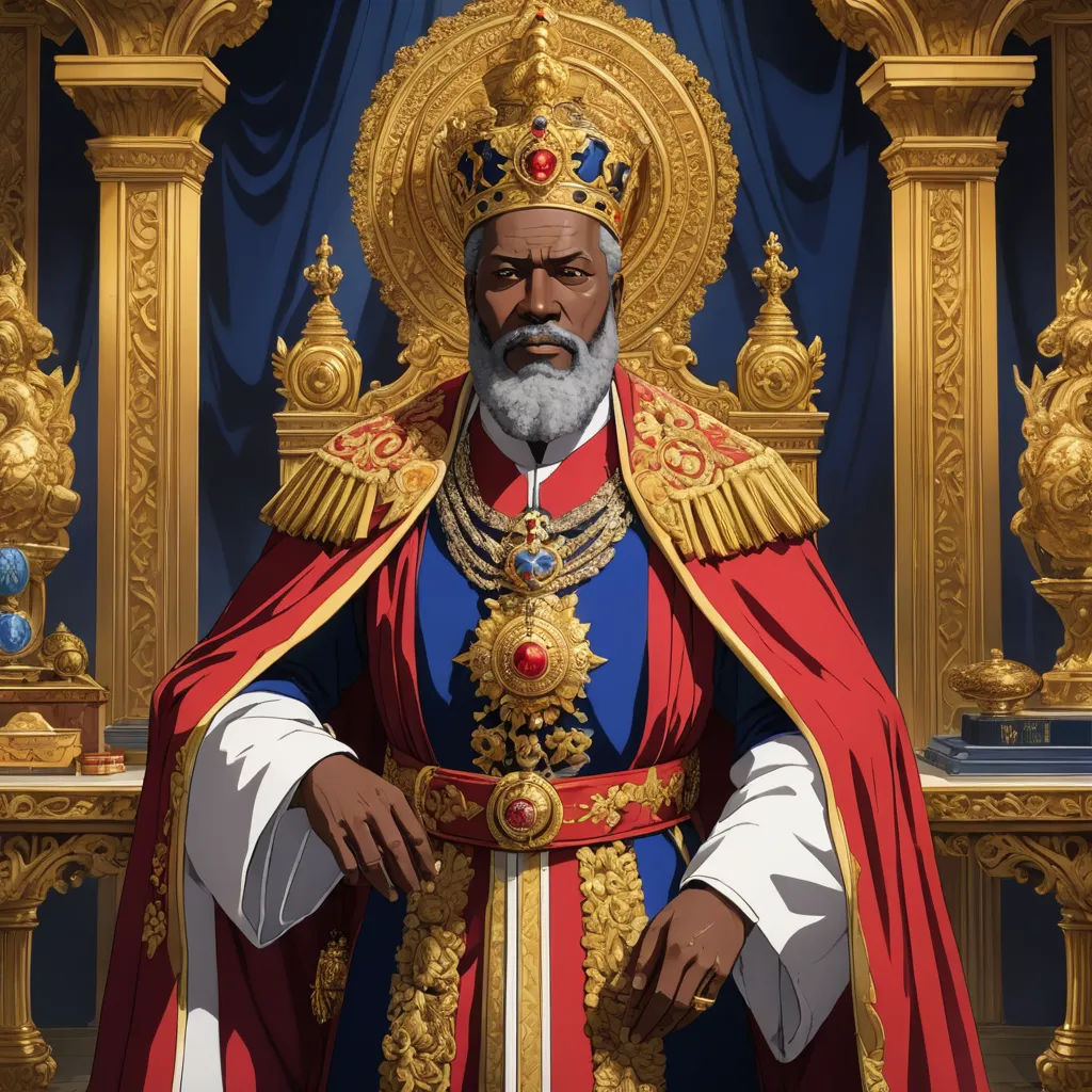 a man in a red and gold outfit standing in front of a golden throne with a cross on it, afrofuturism, concept art, Dr. Atl, official art