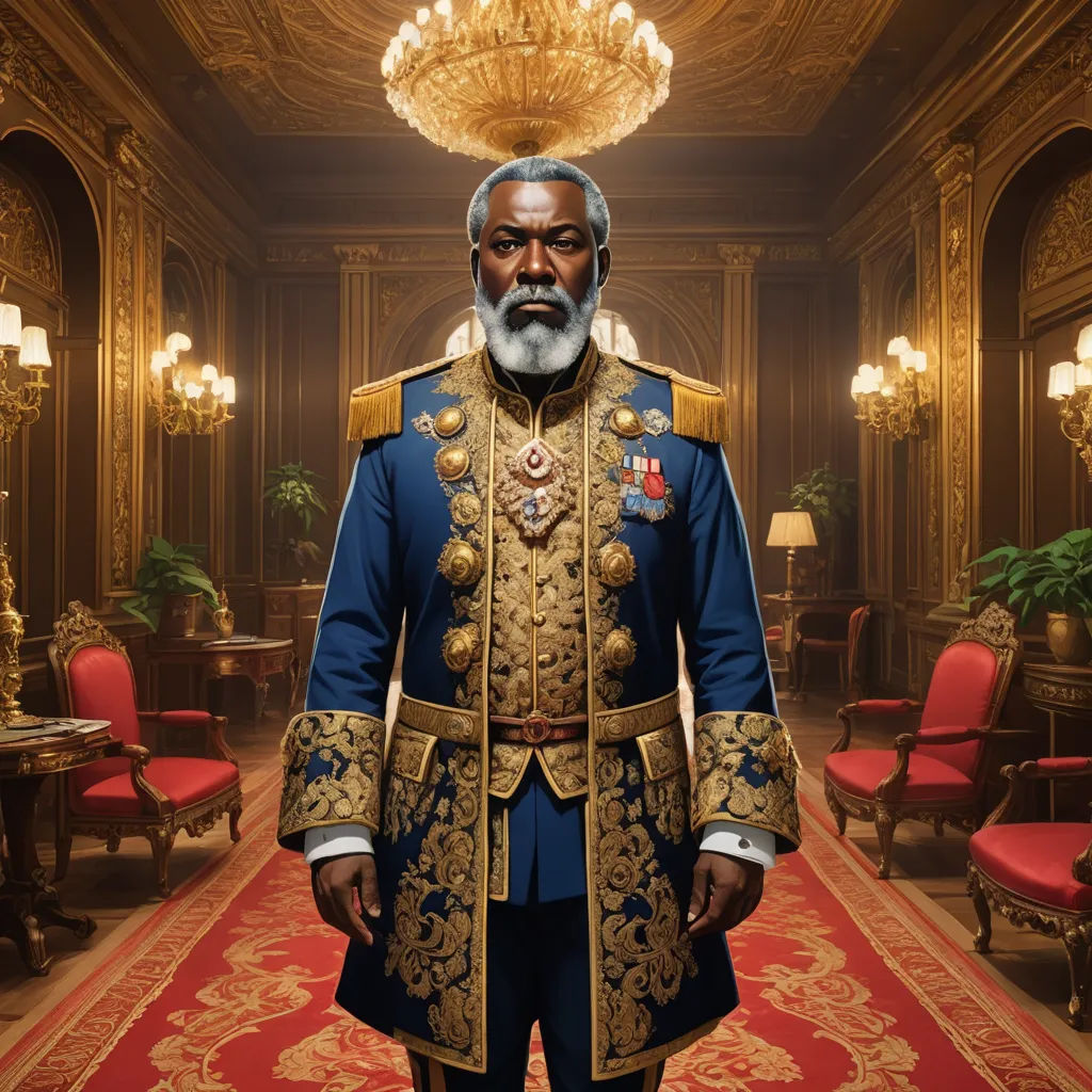 a man in a blue and gold uniform standing in a room with red chairs and a chandelier, afrofuturism, a character portrait, Chris LaBrooy, regal