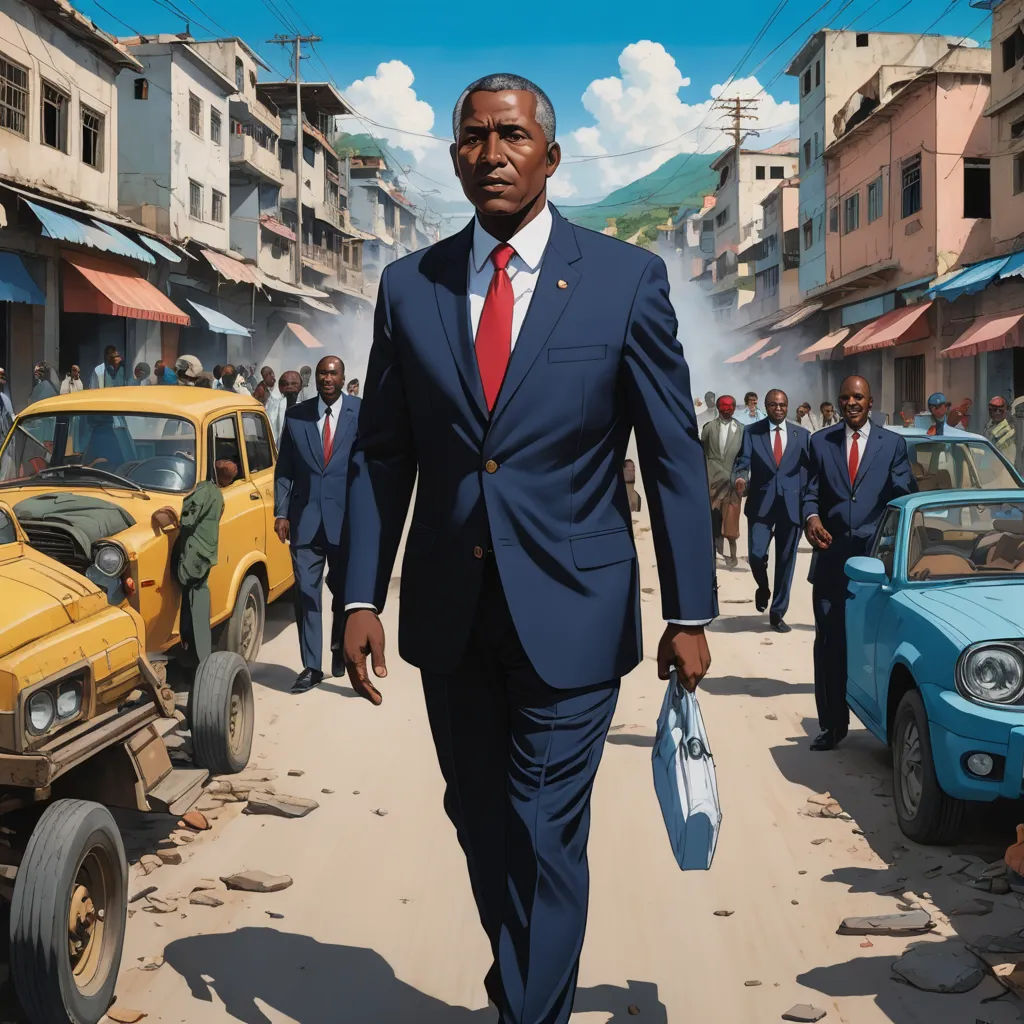 a man in a suit walking down a street with a bag in his hand and a car in the background, fantastic realism, a detailed painting, Allan Brooks, highly detailed digital painting